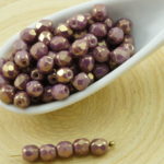 Round Faceted Fire Polished Czech Beads - Purple Gold Luster - 4mm