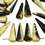 Spike Cone Drop Large Czech Beads - Jet Black Metallic Amber Gold Half - 17mm