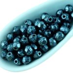Round Faceted Fire Polished Czech Beads - Opaque Jet Black Metallic Silver Gray Patina Marble Luster - 4mm