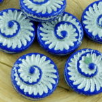Nautilus Fossil Snails Seashell Ammonite Flat Round Spiral Coin Czech Beads - Opaque Dark Blue Sapphire Matte Silver Patina Wash - 18mm