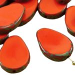 Teardrop Flat Window Table Cut Czech Beads - Picasso Brown Opaque Coral Red - 18mm