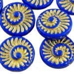 Nautilus Fossil Snails Seashell Ammonite Flat Round Spiral Coin Czech Beads - Opaque Dark Blue Sapphire Matte Gold Patina Wash - 18mm