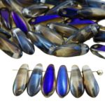 Dagger Leaf Czech Beads - Crystal Clear Blue Azure Metallic Half - 11mm