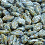 Flat Carved Leaf Czech Beads - Opal Blue Brown Patina - 7mm x 11mm