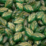 Flat Carved Leaf Czech Beads - Opal Green Gold Patina - 7mm x 11mm