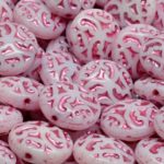 Carved Coin Round Tablet Czech Beads - Opal White Pink Wash - 14mm