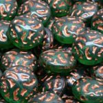 Carved Coin Round Tablet Czech Beads - Emerald Green Bronze Lined - 14mm