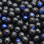 Round Czech Beads - Opaque Jet Black Metallic Blue Azure Half Luster - 6mm