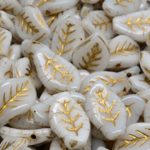 Waved Carved Flat Leaf Czech Beads - White Alabaster Opal Gold Patina Wash - 9mm x 14mm