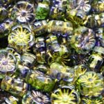 Anemone Flower Round Czech Beads - Crystal Olive Green Gold Patina - 10mm