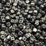 Cube Czech Beads - Opaque Jet Black Senegal Gold Marble Patina - 4mm