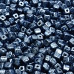 Cube Czech Beads - Opaque Jet Black Metallic Dark Blue Patina Marble Luster - 4mm