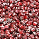 Cube Czech Beads - Picasso Silver Opaque Coral Red - 4mm
