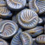 Fossil Shell Round Coin Czech Beads - Opal Blue Brown Patina - 19mm