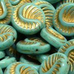 Fossil Shell Round Coin Czech Beads - Turquoise Green Gold - 19mm