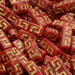 Celtic Block Rectangle Tube Large Hole Rectangle Beads - Opaque Coral Red Gold Wash - 15mm x 5mm