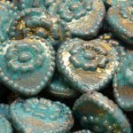 Valentines Wedding Heart With Rose Czech Beads - Opaque Turquoise Green Terracotta Bronze - 17mm