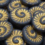 Nautilus Fossil Snails Seashell Ammonite Flat Round Spiral Coin Czech Beads - Matte Black Gold Patina Wash - 18mm