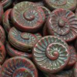 Nautilus Fossil Snails Seashell Ammonite Flat Round Spiral Coin Czech Beads - Picasso Opaque Lite Red Coral Brown - 18mm