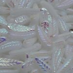 Carved Leaf Flower Feather Bird Wing Czech Beads - White Alabaster Opal Ab - 5mm x 17mm