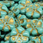 Large Primrose Focal Flower Czech Beads - Turquoise Green Gold - 15mm