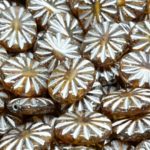 Opaque Rustic Flat Flower Sun Carved Oval Czech Beads - Picasso Crystal Yellow Silver Patina Wash - 14mm x 12mm