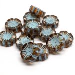 Hawaiian Flower Coin Czech Flat Carved Table Cut Beads - Crystal Picasso Brown Turquoise Blue Wash - 14mm