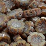 Hawaiian Flower Coin Czech Flat Carved Table Cut Beads - Picasso Crystal Opal Brown - 14mm