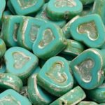 Patina Valentines Wedding Heart In Heart Czech Beads - Picasso Turquoise Green Silver - 14mm x 12mm