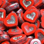 Patina Valentines Wedding Heart In Heart Czech Beads - Picasso Silver Opaque Coral Red - 14mm x 12mm