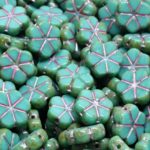 Window Table Cut Flat Flower Czech Beads - Picasso Turquoise Green Pink Patina Wash - 10mm