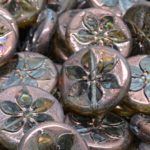 Table Cut Coin Round Flower Czech Beads - Picasso Crystal Purple Luster - 18mm